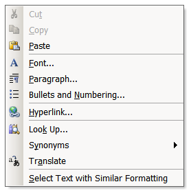 Screenshot of right-click menu from MS Word